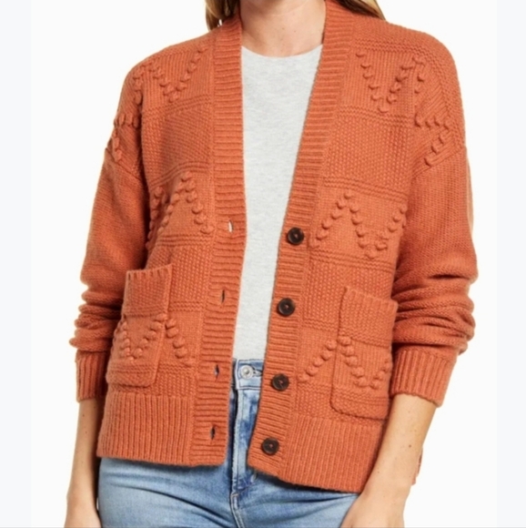 Madewell Bobble Cardigan Sweater Size S Afterglow Red Merino Wool Blend Pockets - Picture 3 of 16
